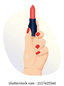Hand with red manicure holding red lipstick. Makeup. Vector illustration.