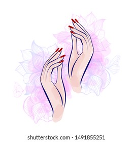 Hand with red manicure nails. Beauty Logo, nails art. Vector illustration, diadem flowers, butterflies, abstract flowers, spa salon, sign, symbol, nails studio. Watercolor background.