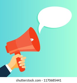 Hand with red megaphone promote with speech bubble. Public announcement and business promotion. Isolated flat vector illustration