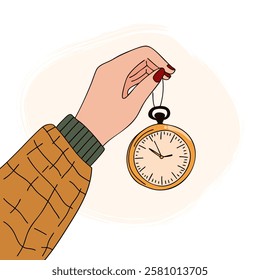 Hand with red nails holding a classic vintage pocket watch. Symbolizing time, nostalgia, and punctuality.