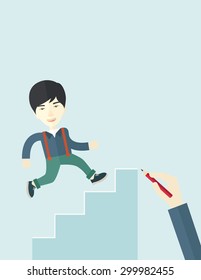 A hand with red pen drawn a chinese businessman climbing up the stairs, a concept of success and career. A contemporary style with pastel palette soft blue tinted background. Vector flat design