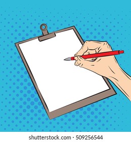 Hand with red pen. Vector illustration in pop art comic style
