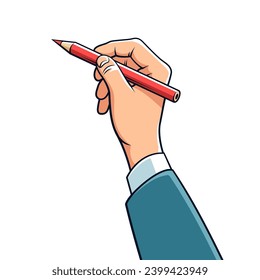 Hand with red pencil writes something - vector isolated illustration in retro style.