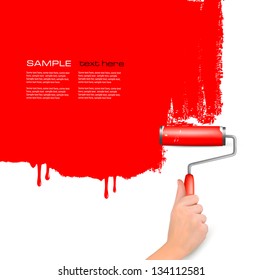 Hand with red roller painting the white wall. Background vector.