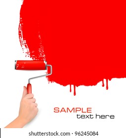 Hand with red roller painting the white wall. Background vector.