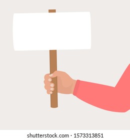 A hand in red shirt holds a rally poster. The arm is bent at the elbow. Vector illustration of a placard blank. Banner template for protest text, manifesto. Empty plate on a wooden stick.