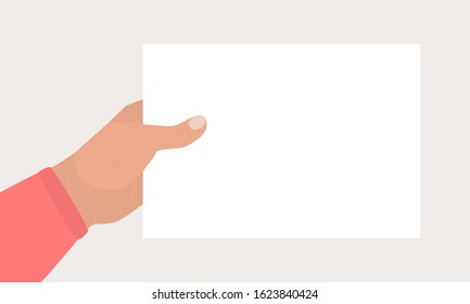 Hand in red shirt holds a rectangular blank sheet of paper. Hand holding template of letter, ticket, invitation, flyer, postcard, certificate, list. Vector flat cartoon illustration.