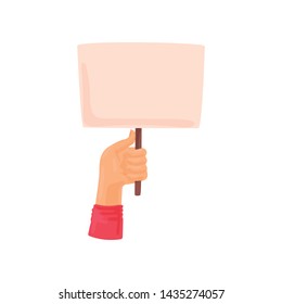 Hand in a red shirt holds a stick with a poster. Vector illustration on white background.