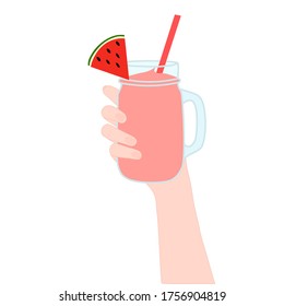 Hand is holding​ a red smoothie juice in a glass cup with and has watermelon slice on top. A cold soft drink for summer. Healthy beverage. Tasty and yummy food. A takeaway Product advertisement.