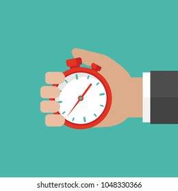 Hand With  Red Stopwatch Isolated On Turquoise Background. Fast Time Stop Watch, Limited Offer, Deadline Symbol. Vector Illustration.