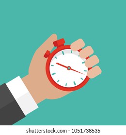 Mano con cronómetro rojo aislado en fondo turquesa. Hora de parada rápida, oferta limitada, símbolo de fecha límite. Ilustración vectorial.