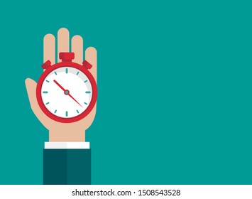 Hand with  red stopwatch isolated on blue background. Fast time stop watch, limited offer, deadline background. Vector illustration.