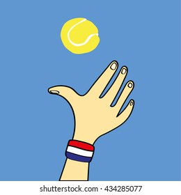 Hand With A Red,white And Blue Sweat Band On The Wrist Throwing A Yellow Tennis Ball Into The Air Ready For A Serve