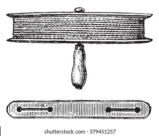 Hand reel seen sideways and upward, vintage engraved illustration. Magasin Pittoresque 1876.
