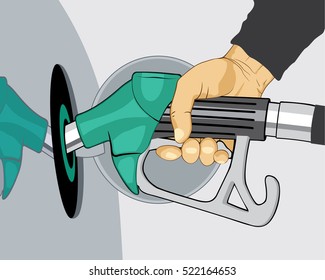 Hand refilling car with fuel nozzle. Petrol station. Gasoline pump. Vector illustration  