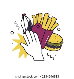 Hand With Refusal Gesture From Soda, Hamburger And Fries. Fast-food Or Healthy Food Icons. Choosing The Right Nutrition. Vegetables Vs Burger And Sugar Water. Flat Style In Vector Illustration. 