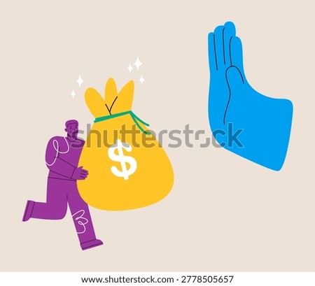 Hand refuse to take illegal money banknotes. Colorful vector illustration
