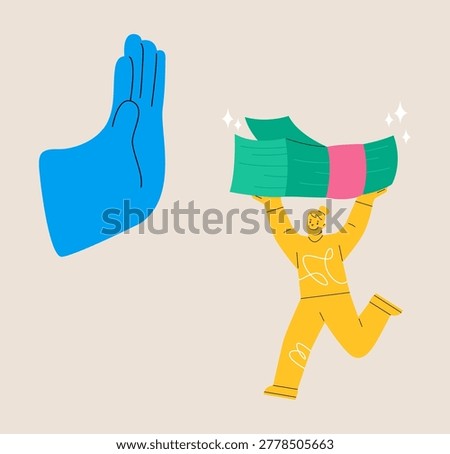 Hand refuse to take illegal money banknotes. Colorful vector illustration
