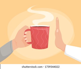 Hand refuses coffee vector illustration. Stop gesture, refusal from caffeine. Hot delicious beverage in the red mug.