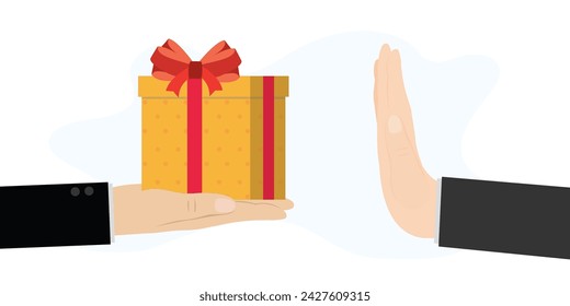 Hand refusing bribe gift. Person rejecting an unsolicited unwanted bribery present. Deception, stop scam. flat vector illustration