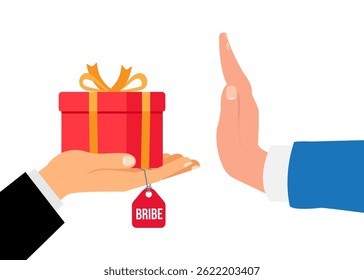 Mão recusando presente de suborno. Pessoa que rejeita um suborno indesejado não solicitado. Engano, parar scam. ilustração de ações