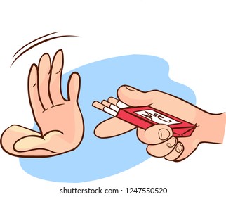 Hand refusing a cigarette offer, isolated on blue background