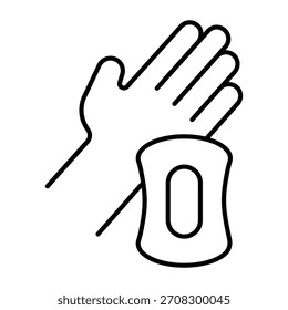 Mano y jabón regular icono de línea delgada, concepto de lavado de manos. Gráficos de Vector. Signo de la higiene en el fondo blanco, icono del estilo del contorno para el móvil o el Diseño web