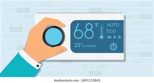 Hand regulates the smart thermostat controller in the house, regulates heating and climate on a digital device. Vector illustration.