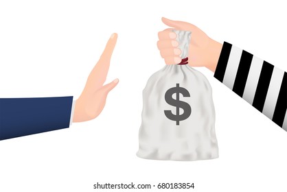 hand rejecting money bag from thief hand 