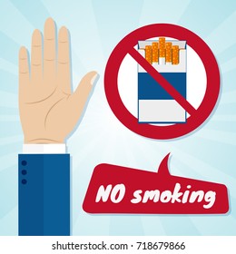 Hand rejecting proposal smoke from pack in hand. No smoking concept. Vector illustration.