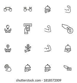 Handbezogener Vektorsymbol. Gut präpariertes Schild im dünnen Linienstil mit bearbeitbarem Strich. Vektorsymbole einzeln auf weißem Hintergrund. Einfache Piktogramme