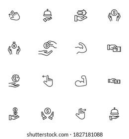 Conjunto de iconos de vector relacionados con la mano. Signo bien diseñado en el estilo de línea delgada con trazo editable. Símbolos vectoriales aislados en un fondo blanco. Pictogramas simples