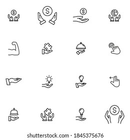 Hand related vector icon set. Well-crafted sign in thin line style with editable stroke. Vector symbols isolated on a white background. Simple pictograms