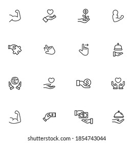 Hand related vector icon set. Well-crafted sign in thin line style with editable stroke. Vector symbols isolated on a white background. Simple pictograms