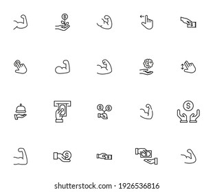 Hand related vector icon set. Well-crafted sign in thin line style with editable stroke. Vector symbols isolated on a white background. Simple pictograms