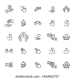 Hand related vector icon set. Well-crafted sign in thin line style with editable stroke. Vector symbols isolated on a white background. Simple pictograms