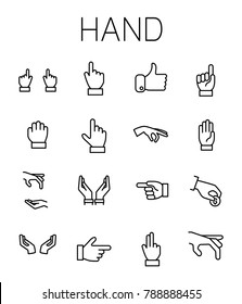 Hand related vector icon set. Well-crafted sign in thin line style with editable stroke. Vector symbols isolated on a white background. Simple pictograms.