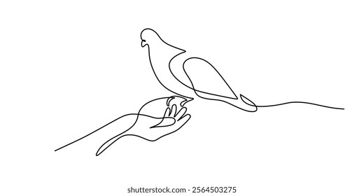 Hand releasing a bird in continuous line drawing. Symbolizing freedom, letting go, and new beginnings. Vector illustration one line art minimalist.