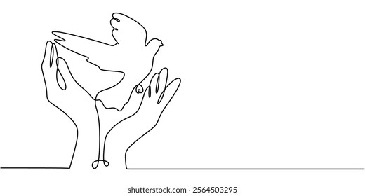 Hand releasing a bird in continuous line drawing. Symbolizing freedom, release, and new beginnings. Vector illustration one line art minimalist.