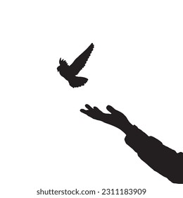 Hand releasing a bird into the air. Concept for freedom, peace, and spirituality. Bird set free vector.