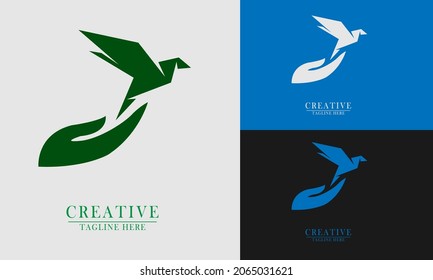 hand releasing origami bird logo icon element. good for caring for animals, especially birds to keep it sustainable. simple flat vector design.