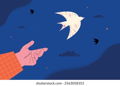 A hand releasing a white bird into the night sky. This illustration symbolizes freedom, hope, and new beginnings.