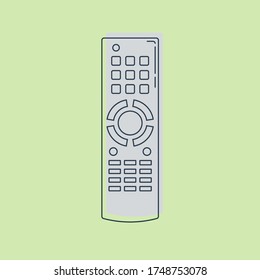Hand remote control. Multimedia panel with shift buttons. Program device. Wireless console. Universal electronic controller. Isolated thin line illustration on color background. Flat symbol. Vector.
