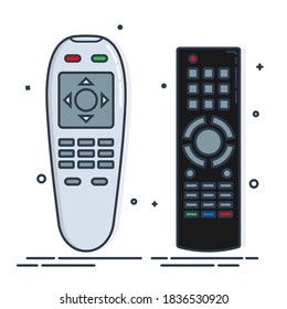 Hand remote control. Multimedia panel with shift buttons. Two design options. Program device. Wireless console. Universal electronic controller. Color isolated flat illustration on white background.
 svg