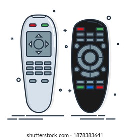 Hand remote control. Multimedia panel with shift buttons. Two design options. Program device. Wireless console. Universal electronic controller. Color isolated flat illustration on white background.
 svg