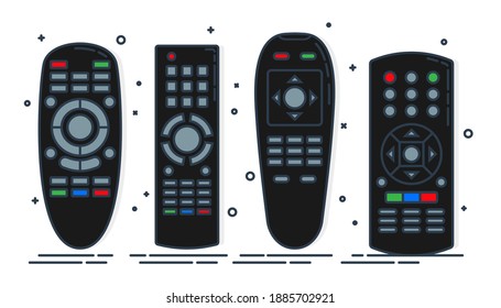 Hand remote control. Multimedia panel with shift buttons. Four design options. Program device. Wireless console. Universal electronic controller. Color isolated flat illustration on white background.
 svg