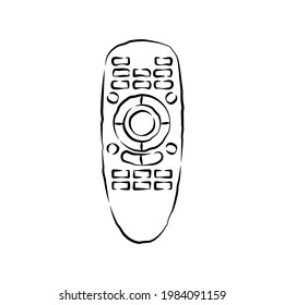 Hand remote control. Multimedia panel with shift buttons. Program device. Wireless console. Sketch of universal electronic controller. Hand drawn illustration on white background in engraving style.
 svg