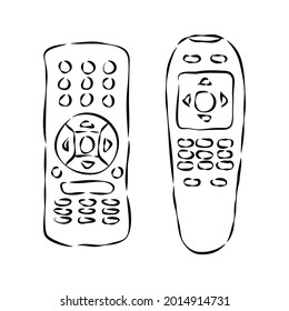 Hand remote control. Multimedia panel with shift buttons. Two types device. Wireless console. Sketch of universal electronic controller. Hand drawn illustration on white background in engraving style
 svg