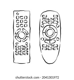 Hand remote control. Multimedia panel with shift buttons. Two types device. Wireless console. Sketch of universal electronic controller. Hand drawn illustration on white background in engraving style. svg