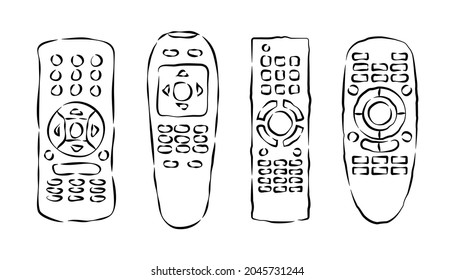 Hand remote control. Multimedia panel with shift buttons. Four types device. Wireless console. Sketch of universal electronic controller. Hand drawn illustration on white backdrop in engraving style. svg